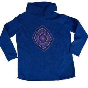 Desen Triko Women's Turtleneck Sweater Embroidered Wool Long Sleeve Blue Medium